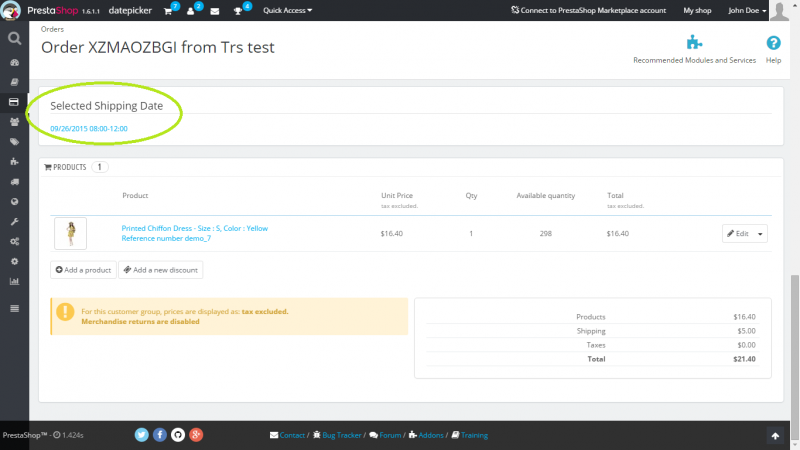 Admin - order detail - shipping/time are visible